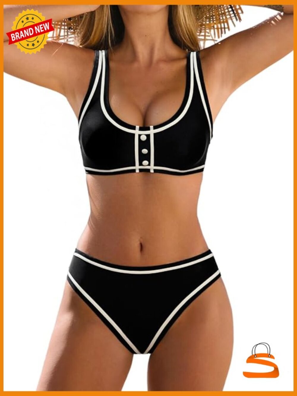 Two Piece Bikini Set Scoop Neck Wide Straps Mid Rise Swimwear